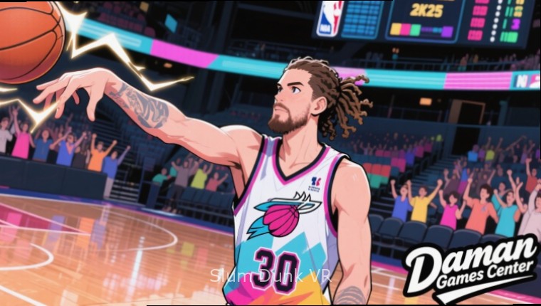 Slum Dunk VR Holi event with colorful court, players covered in virtual colors after making baskets
