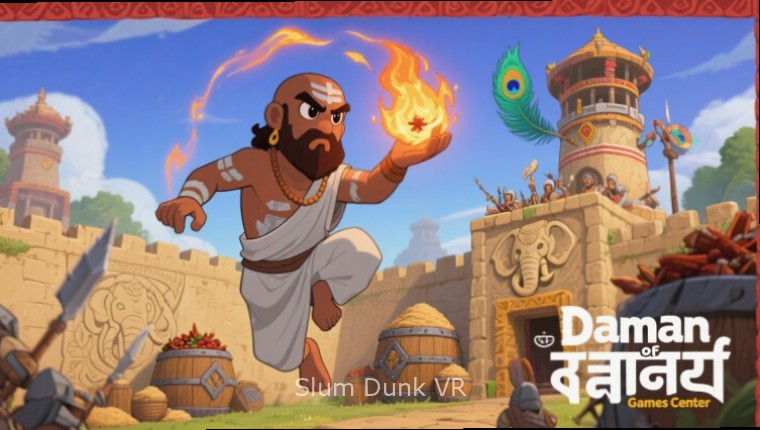 Slum Dunk VR gameplay showing virtual street basketball court in Mumbai slum with players performing tricks
