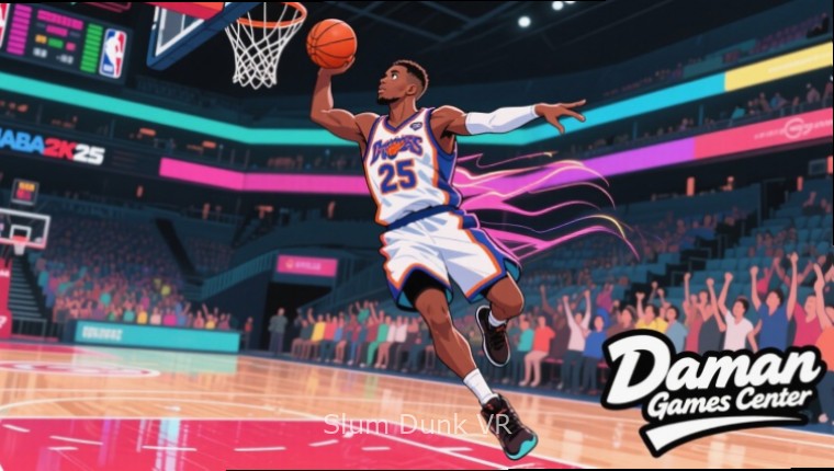 Slum Dunk VR logo with backdrop of Indian street basketball court and kids playing